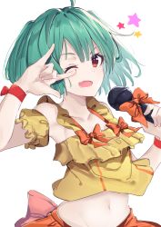 Rule 34 | 1girl, ;d, ahoge, arm up, bare shoulders, brown skirt, camisole, commentary request, detached sleeves, fang, green hair, highres, holding, holding microphone, looking at viewer, macross, macross frontier, microphone, midriff, navel, one eye closed, open mouth, puffy short sleeves, puffy sleeves, ranka lee, red eyes, short sleeves, simple background, skirt, smile, solo, star (symbol), tapioka (oekakitapioka), white background, yellow camisole, yellow sleeves