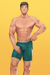 Rule 34 | 1boy, abs, bara, boxer briefs, brown hair, bulge, collarbone, contrapposto, erection, erection under clothes, green male underwear, hand on own thigh, highres, light smile, looking at viewer, male focus, male underwear, muscular, muscular male, naoki (xhju8282), navel, nipples, original, pectorals, short hair, simple background, solo, standing, underwear, underwear only, yellow background