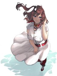 Rule 34 | 1girl, absurdres, belt, blue eyes, breast pocket, breasts, brown hair, dress, from above, hair ornament, hand in own hair, highres, kantai collection, large breasts, long hair, looking at viewer, pocket, ponytail, red belt, red legwear, saratoga (kancolle), shishanmo, side ponytail, signature, simple background, smile, smokestack hair ornament, solo, white dress