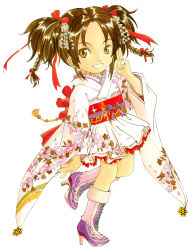 Rule 34 | 1girl, absurdres, boots, brown eyes, brown hair, cherry blossoms, floral print, frilled skirt, frills, fujishima kousuke, full body, furisode, hair ornament, hair ribbon, highres, japanese clothes, kimono, kimono skirt, lace, leg lift, leg up, looking at viewer, obi, official art, original, red ribbon, ribbon, salute, sash, short twintails, simple background, skirt, smile, solo, standing, standing on one leg, tomoe-chan, traditional media, twintails, two-finger salute, white background