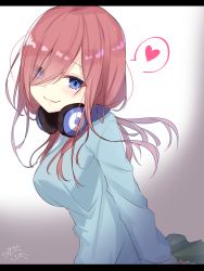 Rule 34 | 1girl, bad id, bad pixiv id, blue eyes, blue sweater, blush, breasts, closed mouth, commentary request, eyes visible through hair, go-toubun no hanayome, green skirt, hair over one eye, head tilt, headphones, headphones around neck, heart, highres, letterboxed, looking at viewer, looking to the side, medium breasts, nakano miku, pleated skirt, ramchi, signature, skirt, smile, solo, spoken heart, sweater