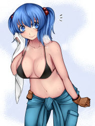 Rule 34 | 1girl, ^^^, aoshima, bare arms, bare shoulders, bent over, bikini, bikini top only, black bikini, blue eyes, blue hair, blue pants, breasts, brown gloves, cleavage, closed mouth, clothes around waist, collarbone, commentary request, cowboy shot, gloves, hair between eyes, hair bobbles, hair ornament, hanging breasts, highres, hot, jumpsuit, kawashiro nitori, large breasts, leaning to the side, legs apart, looking at viewer, matching hair/eyes, navel, pants, pink lips, pocket, round teeth, shirt, shirt around waist, single glove, smile, solo, standing, strap gap, sweat, swimsuit, tank top, teeth, touhou, towel, twintails, two side up, undershirt, wiping face, wiping sweat