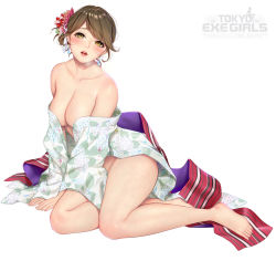 Rule 34 | 1girl, bare shoulders, barefoot, blush, breasts, brown eyes, brown hair, cleavage, collarbone, commentary request, earrings, fingernails, floral print, full body, hair ornament, japanese clothes, jewelry, kimono, lips, logo, looking at viewer, masami chie, medium breasts, off shoulder, official art, open mouth, shiny skin, simple background, sitting, solo, teeth, thighs, toes, tokyo exe girls, white background