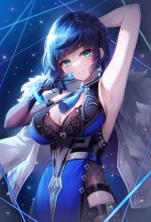 Rule 34 | 1girl, arm up, armpits, asymmetrical gloves, asymmetrical hair, bare arms, bead choker, blue hair, blunt bangs, breasts, cleavage, coat, dark blue hair, diagonal bangs, earrings, elbow gloves, fur-trimmed coat, fur trim, genshin impact, gloves, green eyes, hayun, highres, holding dice, jewelry, large breasts, looking at viewer, mismatched gloves, mole, mole on breast, neck tassel, parted lips, short hair, single elbow glove, smile, solo, tassel, white coat, yelan (genshin impact)