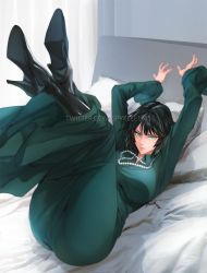 Rule 34 | 1girl, bed, black footwear, black hair, breasts, curtains, dress, fubuki (one-punch man), green dress, green eyes, high heels, highres, jewelry, large breasts, necklace, one-punch man, pearl necklace, pillow, short hair, sitting, spykeee, taut clothes, taut dress