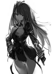 Rule 34 | 1girl, absurdres, closed mouth, dress, framed breasts, girls&#039; frontline, gloves, greyscale, hair ribbon, hand on own hip, highres, irikawa, long hair, long sleeves, monochrome, necktie, one side up, pantyhose, ribbon, simple background, solo, wa2000 (girls&#039; frontline)