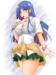Rule 34 | 1girl, akimoto dai, alternate costume, blue hair, breasts, bubble tea, cardigan, cardigan around waist, cleavage, clothes around waist, commentary request, cowboy shot, dress shirt, drinking, drinking straw, green skirt, highres, kantai collection, large breasts, long hair, looking at viewer, multicolored hair, multicolored nails, nail polish, red hair, school uniform, shirt, skirt, solo, south dakota (kancolle), standing, star (symbol), tumbler, twitter username, white background, white hair, white shirt