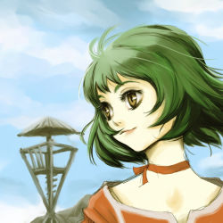 Rule 34 | 00s, 1girl, blue background, brown eyes, farah oersted, green hair, portrait, short hair, smile, solo, tales of (series), tales of eternia, zanpan526