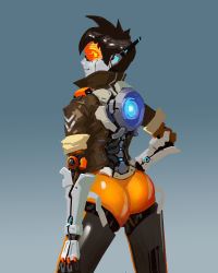 Rule 34 | 1girl, absurdres, android, ass, back, commission, commissioner upload, cyborg, gloves, glowing, glowing eyes, highres, jacket, joints, lancevl, mecha, mecha musume, mechanical, mechanical arms, mechanical parts, orange-tinted eyewear, overwatch, overwatch 1, robot, robot ears, science fiction, solo, tinted eyewear, tracer (overwatch)