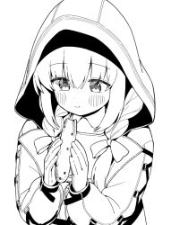 Rule 34 | 1girl, atsuko (blue archive), blue archive, blush, braid, closed mouth, eating, food, greyscale, hair between eyes, holding, holding food, hood, hood up, hooded jacket, jacket, long hair, long sleeves, monochrome, seramikku, simple background, smile, solo, twin braids, upper body, white background