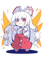 Rule 34 | 1girl, blush stickers, bow, chahan (fried rice0614), closed mouth, collared shirt, fujiwara no mokou, full body, hair bow, hand in pocket, highres, long hair, long sleeves, pants, red eyes, red footwear, red pants, shirt, shoes, simple background, sleeve garter, solo, touhou, white background, white bow, white hair, white shirt