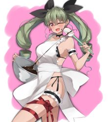 Rule 34 | 1girl, absurdres, anchovy (girls und panzer), apron, bikini, bikini under clothes, black bikini, blush, bowl, drill hair, earrings, fang, girls und panzer, green hair, heart, highres, holding, holding bowl, jewelry, kshimu, long hair, looking at viewer, mixing bowl, one eye closed, open mouth, pink eyes, smile, solo, stud earrings, swimsuit, twin drills, white apron