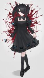 Rule 34 | 1girl, alternate costume, ame-chan (needy girl overdose), black dress, black footwear, black hair, black socks, blood, blood splatter, blue butterfly, breasts, bug, butterfly, closed mouth, detached collar, dress, expressionless, frilled dress, frills, full body, gothic lolita, grey background, grey eyes, hair ornament, hair over one eye, hair tie, highres, insect, juliet sleeves, lolita fashion, long hair, long sleeves, looking at viewer, needy girl overdose, puffy sleeves, sanmanako, shoes, silk, skirt hold, small breasts, socks, solo, spider web, standing, twintails, x hair ornament