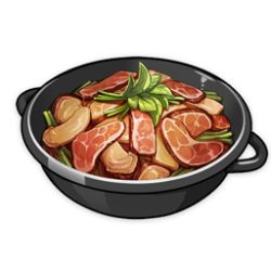 Rule 34 | artist request, commentary, english commentary, food, food focus, game cg, garnish, genshin impact, leaf, lowres, meat, no humans, official art, pot, simple background, still life, third-party source, transparent background