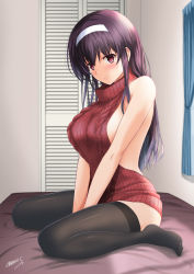 Rule 34 | 1girl, backless dress, backless outfit, bare back, bare shoulders, bed, between legs, black hair, black thighhighs, blush, breasts, closet, curtains, dress, full body, hair between eyes, hairband, hand between legs, highres, kasumigaoka utaha, large breasts, long hair, long legs, looking at viewer, meme attire, naked sweater, no bra, red eyes, ribbed sweater, saenai heroine no sodatekata, satou chagashi, sideboob, sitting, solo, sweater, sweater dress, thighhighs, turtleneck, turtleneck sweater, virgin killer sweater, white hairband