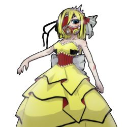Rule 34 | 1girl, antennae, back bow, blonde hair, blue eyes, blush, bow, corset, covered mouth, dress, extra mouth, gown, hair ribbon, huyusaki taiga, lobotomy corporation, long hair, missing eye, nail polish, one-eyed, outstretched arm, personification, project moon, queen bee (project moon), respirator, ribbon, scar, scar on arm, solo, strapless, strapless dress, tiara, underbust