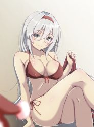 Rule 34 | 1girl, alternate costume, bare shoulders, bespectacled, bikini, breasts, cleavage, collarbone, commentary, crossed legs, feet out of frame, glasses, grey hair, hairband, highres, honma (honmatomohiro), kantai collection, large breasts, long hair, looking at viewer, red bikini, red hairband, rimless eyewear, shoukaku (kancolle), sitting, smile, solo, swimsuit