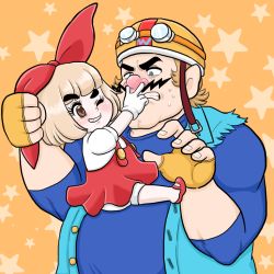 Rule 34 | 1boy, 1girl, age difference, blunt bangs, bow, brown eyes, brown hair, child, eyelashes, facial hair, fighting, fingerless gloves, gloves, grin, hair bow, helmet, in nose, looking at another, lulu (warioware), mustache, nintendo, nose, one eye closed, parted lips, short hair, smile, sweat, thick eyebrows, wario, warioware