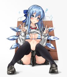 Rule 34 | ..., 1girl, ?, aged up, alternate costume, alternate hair length, alternate hairstyle, amagi (amagi626), ass, bikini, black footwear, black skirt, black thighhighs, blue bikini, blue bow, blue eyes, blue hair, blush, bow, breasts, cirno, clothes lift, commentary request, contemporary, double v, full body, gradient background, grey background, grey sweater, hair between eyes, hair bow, hands up, head tilt, highres, loafers, long hair, looking at viewer, medium breasts, miniskirt, navel, pleated skirt, red neckwear, school uniform, shirt, shoes, sitting, skirt, solo, sparkle, star (symbol), stomach, striped bikini, striped clothes, sweater, sweater lift, swimsuit, thighhighs, thighs, touhou, translation request, v, white background, white bikini, white shirt, wing collar