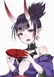 Rule 34 | 1girl, absurdres, alternate hairstyle, beriko (dotera house), cup, eyeliner, eyes visible through hair, fangs, fate (series), highres, horns, japanese clothes, kimono, looking at viewer, makeup, pointy ears, purple eyes, purple hair, sakazuki, short hair, shuten douji (fate), simple background, skin-covered horns, smile, solo, thick eyebrows, white background