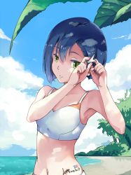 Rule 34 | 10s, 1girl, bare shoulders, beach, blue hair, blue sky, breasts, cloud, cloudy sky, collarbone, copyright name, darling in the franxx, dated, day, green eyes, ha neko, hair between eyes, hair ornament, hairclip, ichigo (darling in the franxx), looking to the side, navel, ocean, open mouth, outdoors, short hair, signature, sky, small breasts, solo, standing, stomach, sunlight, swimsuit, teeth, tree, water
