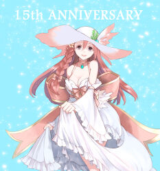 Rule 34 | 1girl, anniversary, blue background, bow, braid, breasts, cleavage, commentary request, curtsey, detached sleeves, dress, feet out of frame, flower, frilled dress, frilled sleeves, frills, hair between eyes, hair flower, hair ornament, hat, highres, kusabi (aighe), large bow, leaf hat ornament, long bangs, long hair, looking at viewer, medium breasts, official alternate costume, open mouth, pink bow, pink eyes, pink flower, pink hair, pink hat, ragnarok online, round teeth, side braid, single braid, sleeveless, sleeveless dress, smile, solo, sun hat, teeth, wanderer (ragnarok online), white dress, white flower, white hat, white sleeves, wide sleeves
