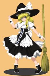 Rule 34 | 1girl, adapted costume, apron, arm up, bamboo broom, blonde hair, blue eyes, blush stickers, bobby socks, boots, bow, braid, broom, capelet, cross-laced footwear, curiosities of lotus asia, female focus, full body, hand on headwear, hat, highres, kirisame marisa, long hair, looking at viewer, orange background, pigeon-toed, puffy sleeves, ribbon, shadow, short sleeves, simple background, single braid, skirt, socks, sogabu mikoto, solo, standing, touhou, witch, witch hat, wrist cuffs