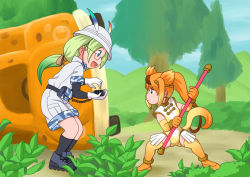 Rule 34 | 2girls, :d, animal ears, bagua zhang, belt, belt pouch, blonde hair, blue eyes, brown hair, cable, camouflage trim, chibi, circlet, closed mouth, day, dragon ball, dragon ball (classic), elbow gloves, from side, full body, glasses, gloves, golden snub-nosed monkey (kemono friends), green hair, hat feather, height difference, helmet, holding, holding weapon, jacket, japari bus, kemono friends, layered sleeves, leaning forward, legs apart, legs together, leotard, light green hair, long hair, long sleeves, looking at another, looking at object, mirai (kemono friends), monkey ears, monkey girl, monkey tail, multicolored hair, multiple girls, open mouth, orange hair, outdoors, parody, pith helmet, polearm, pouch, safari jacket, shoes, short over long sleeves, short sleeves, shorts, smile, socks, standing, tail, thighhighs, two-tone hair, v-shaped eyebrows, weapon