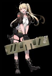 Rule 34 | 1girl, ahoge, bad id, bad pixiv id, belt, belt pouch, black background, black footwear, black gloves, blonde hair, breasts, commentary request, gloves, gun, headset, highres, holding case, holster, holstered, ihobus, jewelry, large breasts, long hair, necklace, original, ponytail, pouch, shirt, short shorts, shorts, shrug (clothing), solo, t-shirt, thigh holster, weapon