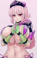Rule 34 | 1girl, bikini, black hat, blunt bangs, braid, braided hair rings, breasts, breasts squeezed together, closed mouth, commentary request, expressionless, fate/grand order, fate (series), florence nightingale (fate), florence nightingale (trick or treatment) (fate), gloves, green gloves, hair rings, hat, huge breasts, long hair, looking at viewer, navel, official alternate costume, pink hair, red eyes, shrug (clothing), single braid, solo, stomach, swimsuit, syringe, upper body, yukinojou yakan