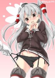 Rule 34 | 10s, 1girl, admiral (kancolle), amatsukaze (kancolle), blush, brown eyes, furrowed brow, garter straps, hairband, kantai collection, long hair, open mouth, panties, panty lift, panty pull, pulling another&#039;s clothes, side-tie panties, silver hair, solo focus, strap pull, takoyaki (takoyaki-batake), twintails, twitter username, two side up, underwear, uniform, wavy mouth