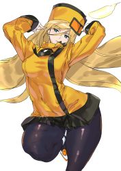 Rule 34 | 1girl, ashiomi masato, black pantyhose, blonde hair, blue eyes, breasts, dress, guilty gear, guilty gear xrd, hat, long hair, long sleeves, looking at viewer, millia rage, pantyhose, simple background, solo, very long hair, white background