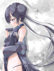 Rule 34 | 1girl, absurdres, black coat, black dress, black gloves, black hair, blue archive, blush, braid, braided bun, china dress, chinese clothes, coat, collarbone, commentary request, double bun, dress, facing away, from side, gloves, grey eyes, hair between eyes, hair bun, halo, highres, kisaki (blue archive), long hair, long sleeves, open clothes, open coat, pelvic curtain, profile, side slit, sidelocks, simple background, sleeveless, solo, tomonx, twintails, wind