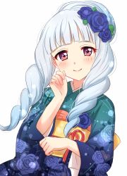Rule 34 | 1girl, aikatsu! (series), aikatsu stars!, blue flower, blue hair, blue kimono, blue rose, blunt bangs, blush, closed mouth, drill hair, floral print, flower, hair flower, hair ornament, hand up, highres, japanese clothes, kimono, lips, long hair, long sleeves, looking at viewer, obi, pink lips, purple eyes, rose, sash, sekina, shirogane lily, simple background, smile, solo, twin drills, upper body, white background, wide sleeves