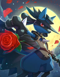 Rule 34 | black hat, cape, closed mouth, clothed pokemon, commentary request, creatures (company), flower, frown, game freak, gen 4 pokemon, gonzarez, hat, highres, looking at viewer, lucario, lucario (costume party), moon, night, nintendo, outdoors, petals, pokemon, pokemon (creature), pokemon unite, red eyes, red flower, sky, solo