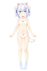 Rule 34 | 1girl, :3, ahoge, animal ears, bare arms, bare shoulders, black ribbon, blue eyes, blue hair, blue socks, blush, bow, bow bra, bow panties, bra, breasts, closed mouth, collarbone, commentary request, crescent, crescent hair ornament, double bun, full body, gluteal fold, hair between eyes, hair bun, hair ornament, hair ribbon, highres, looking at viewer, multicolored hair, navel, no shoes, original, panties, ribbon, sakuraba hikaru (loveindog), simple background, small breasts, socks, solo, standing, star (symbol), star hair ornament, streaked hair, tail, two side up, underwear, underwear only, white background, white bra, white panties