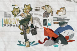 Rule 34 | 1girl, absurdres, animal ears, apron, black gloves, bucket, cat ears, cat tail, cellphone, character name, english text, fish, ghost (tama), gloves, green hair, hair ribbon, highres, open mouth, orca, original, phone, ribbon, shark, shirt, shoes, short hair, shrimp, solo, squid, sweat, tail, whale, white shirt