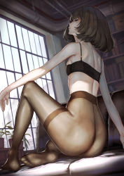 Rule 34 | 1girl, arm behind back, arm on knee, ass, back, bare arms, bare shoulders, black bra, blue eyes, blurry, blurry background, blush, bra, breasts, brown hair, brown pantyhose, couch, eyeshadow, feet, from side, half-closed eyes, highres, idolmaster, idolmaster cinderella girls, indoors, kaoming, knee up, looking at viewer, looking back, makeup, medium breasts, mole, mole under eye, no shoes, pantyhose, parted lips, plant, potted plant, red lips, short hair, shoulder blades, sidelocks, sitting, skindentation, solo, takagaki kaede, thighband pantyhose, underwear, window