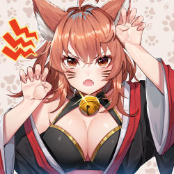 Rule 34 | 1girl, :o, absurdres, ahoge, animal ear fluff, animal ears, bare shoulders, bell, black kimono, breasts, brown eyes, brown hair, cat ears, claw pose, cleavage, commentary request, facial mark, fangs, glint, hands up, highres, illian-san, japanese clothes, jingle bell, kimono, large breasts, long hair, looking at viewer, open mouth, original, paw print, paw print background, solo, upper body, v-shaped eyebrows, wide sleeves