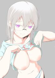 Rule 34 | 1girl, akh@98, blush, breasts, closed mouth, clothes lift, clothes writing, collarbone, ear blush, embarrassed, glasses, grey background, grey hair, hair between eyes, highres, inverted nipples, large breasts, lifted by self, looking at viewer, medium hair, no bra, no pants, nose blush, original, panties, pink eyes, rimless eyewear, shirt, shirt lift, short sleeves, simple background, solo, sweatdrop, t-shirt, underwear, white panties, white shirt
