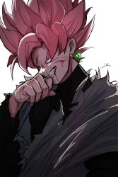 Rule 34 | 1boy, absurdres, black bodysuit, blood, blood on face, blood on hands, blood on teeth, bodysuit, dougi, dragon ball, dragon ball super, earrings, goku black, highres, jewelry, le0 (sd0 rg88), long sleeves, pink eyes, pink hair, potara earrings, ring, saiyan, solo, spiked hair, super saiyan, super saiyan rose, white background, wiping blood