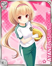 Rule 34 | 1girl, basket, blonde hair, card, character name, closed mouth, girlfriend (kari), green pants, headband, nishino ayane, official art, pants, pink background, qp:flapper, red eyes, shirt, smile, solo, tagme, twintails, white shirt