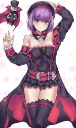 Rule 34 | 1girl, bare shoulders, black coat, black headwear, blush, breasts, closed mouth, coat, colonel olcott (fate), detached collar, doll, dress, fate/grand order, fate (series), hat, helena blavatsky (fate), helena blavatsky (third ascension) (fate), long sleeves, looking at viewer, open clothes, open coat, purple eyes, purple hair, sawayuzu, short hair, small breasts, smile, strapless, strapless dress, thighhighs, white sleeves