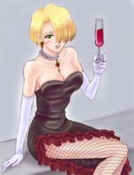 Rule 34 | 00s, 1girl, bare shoulders, blonde hair, blue eyes, breasts, cleavage, dress, drink, earrings, elbow gloves, fishnet pantyhose, fishnets, gloves, hair over one eye, jewelry, kimiarugatame, large breasts, legs, lipstick, long legs, makeup, maria tachibana, necklace, pantyhose, sakura taisen, short hair, side slit, strapless, strapless dress, thighs