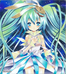 Rule 34 | 1girl, aged down, aqua hair, aqua nails, ayuayu (chisuke ayu), bad id, bad pixiv id, bare shoulders, blue eyes, blush, detached sleeves, dress, gradient hair, green hair, hair ornament, hand on another&#039;s chest, hand on own chest, hatsune miku, long hair, looking at viewer, marker (medium), multicolored hair, nail polish, sample watermark, solo, spica (vocaloid), traditional media, twintails, very long hair, vocaloid, watermark