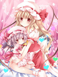 Rule 34 | 2girls, :&lt;, ascot, bat wings, blonde hair, bow, brooch, child, flandre scarlet, hat, hat ribbon, heart, jewelry, long hair, looking at viewer, mob cap, multiple girls, nogi takayoshi, puffy sleeves, red eyes, remilia scarlet, ribbon, sash, shirt, short sleeves, siblings, side ponytail, silver hair, sisters, sitting, sitting on lap, sitting on person, skirt, skirt set, smile, touhou, very long hair, wariza, wings, aged down