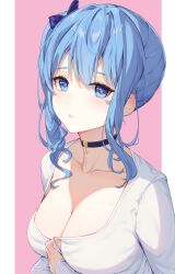 Rule 34 | 1girl, absurdres, alternate breast size, black choker, blue eyes, blue hair, bow, breasts, choker, cleavage, collarbone, commentary, english commentary, hair bow, hand on own chest, highres, hololive, hoshimachi suisei, long sleeves, looking at viewer, medium breasts, parted lips, pillarboxed, rosumerii, shirt, side ponytail, sidelocks, solo, upper body, virtual youtuber, wavy hair, white shirt