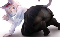 Rule 34 | 1girl, all fours, animal ear fluff, animal ears, ass, black pantyhose, black skirt, blue eyes, blush, bow hairband, cat ears, cat girl, cat tail, from behind, grey hair, hairband, haru (re ilust), long sleeves, looking at viewer, original, panties, pantyhose, pleated skirt, red hairband, shadow, shirt, short hair, skirt, solo, tail, underwear, white panties, white shirt