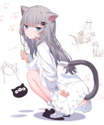 Rule 34 | 1girl, alithea jane, animal ears, animal slippers, ass, black footwear, blue eyes, blush, cat ears, cat girl, cat tail, closed mouth, commentary request, dress, food, frilled dress, frills, full body, grey hair, hair ornament, hairclip, highres, holding, holding food, indie virtual youtuber, long hair, looking at viewer, looking back, nachoneko, no panties, paw print, paw print background, slippers, socks, solo, squatting, striped clothes, striped socks, sunglasses, tail, taiyaki, virtual youtuber, wagashi, white background, white dress