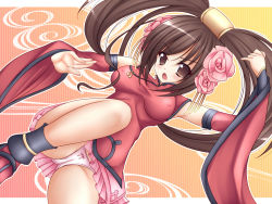 Rule 34 | 1girl, arc system works, bad id, bad pixiv id, blush, breasts, brown eyes, brown hair, cameltoe, covered erect nipples, fighting stance, flower, guilty gear, hair ornament, highres, impossible clothes, impossible shirt, kuradoberi jam, large breasts, long hair, mikan (5555), open mouth, panties, pantyshot, pink panties, shirt, solo, taut clothes, taut shirt, underwear, very long hair, wallpaper